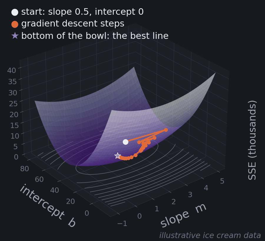A 3D bowl-shaped surface of SSE over slope and intercept with a path of steps descending to the bottom